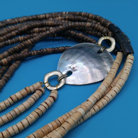Chico's Natural Bead Long Necklace, Abalone Shell Side Pendant, Brown Beige, 43" - Picture 6 of 8